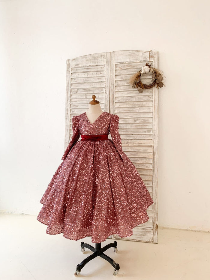 V Back Long Sleeves Burgundy Sequin Wedding Flower Girl