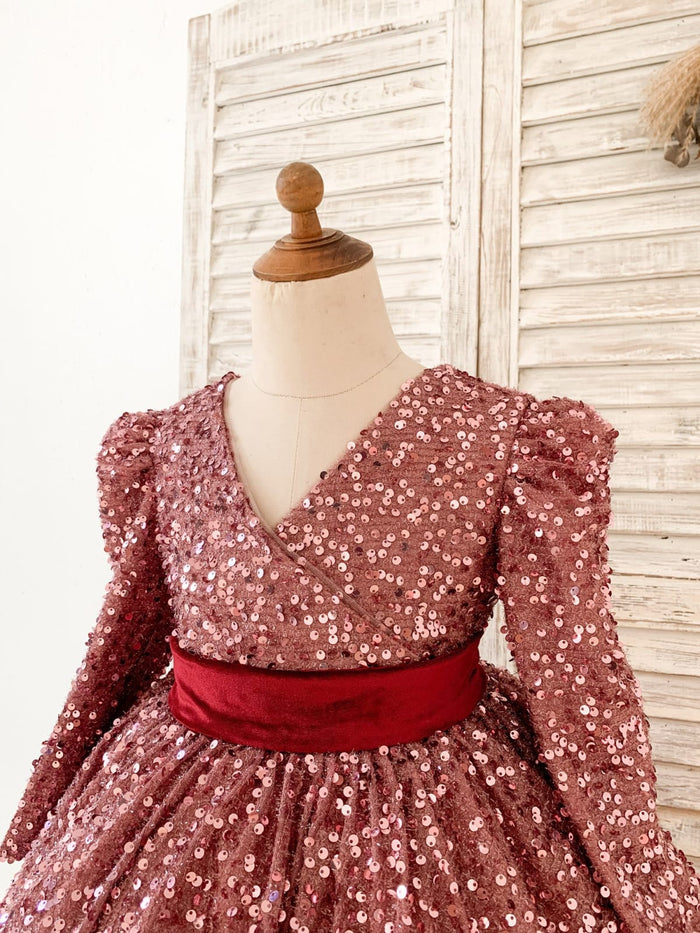 V Back Long Sleeves Burgundy Sequin Wedding Flower Girl