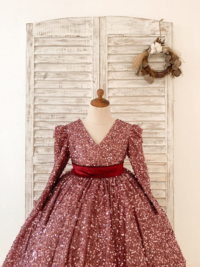 V Back Long Sleeves Burgundy Sequin Wedding Flower Girl