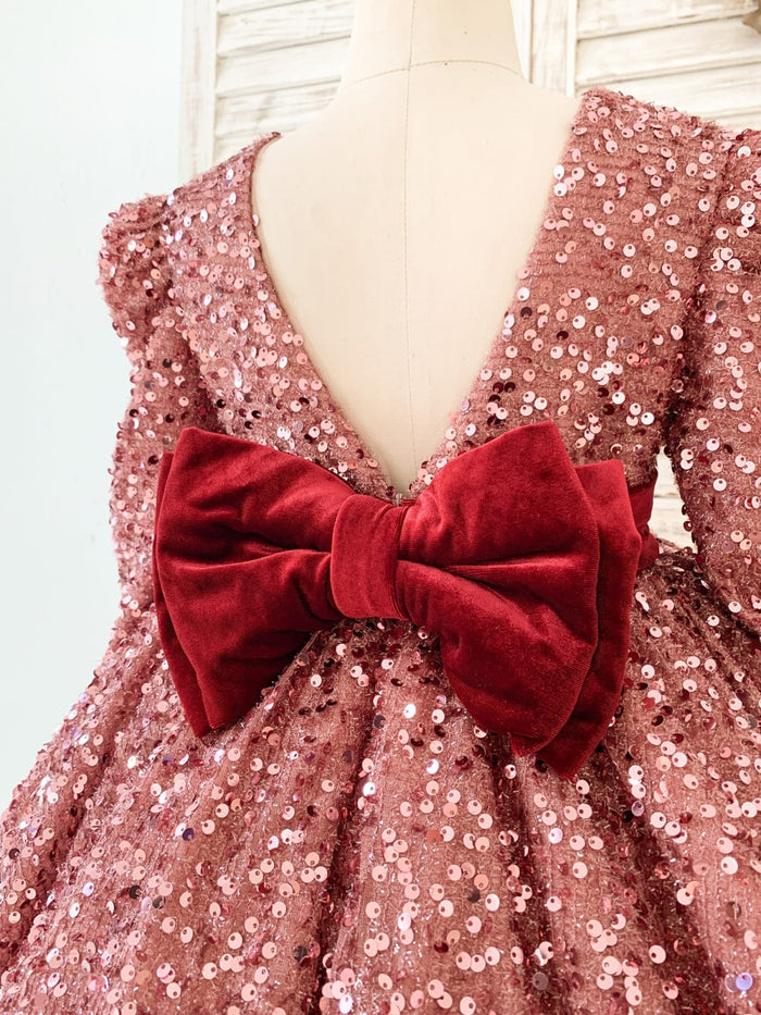V Back Long Sleeves Burgundy Sequin Wedding Flower Girl