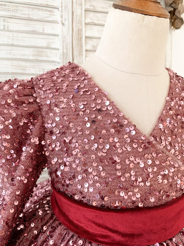 V Back Long Sleeves Burgundy Sequin Wedding Flower Girl