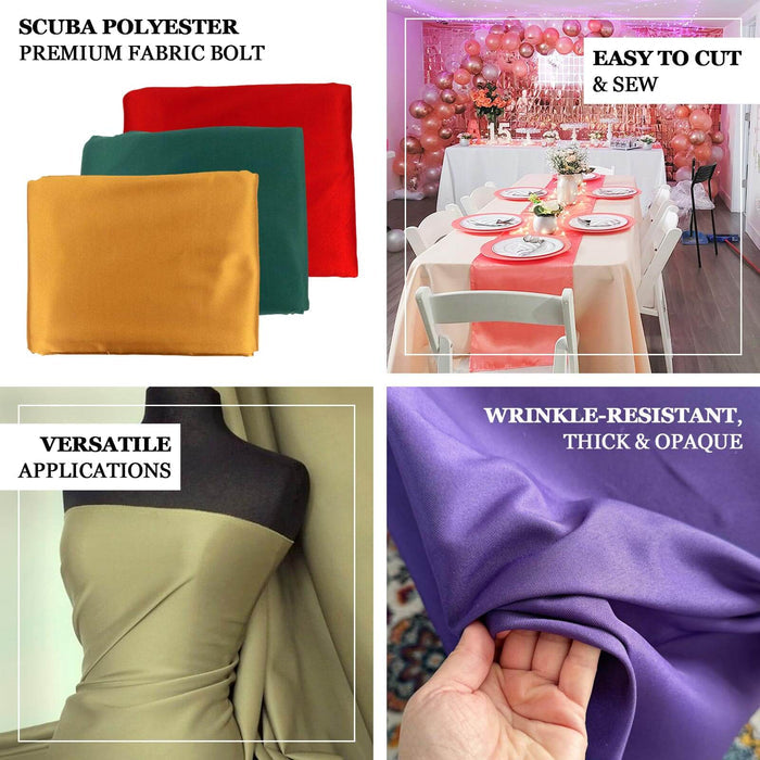 Scuba polyester fabric bolts in green, red, and gold for versatile applications.