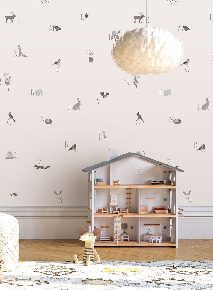 Woodland Lesson in English is a Minimalist wallpaper by Opposite Wall of an alphabet with an animal & forest them